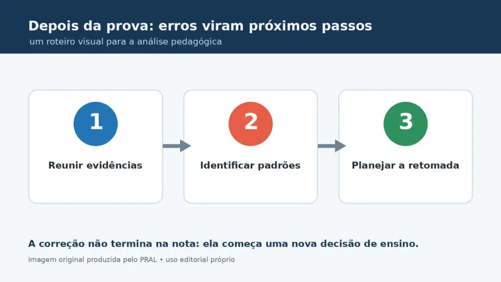 Infográfico com três etapas para analisar uma prova: reunir evidências, identificar padrões e planejar a retomada