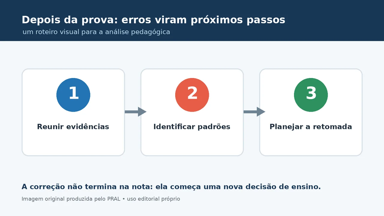 Infográfico com três etapas para analisar uma prova: reunir evidências, identificar padrões e planejar a retomada