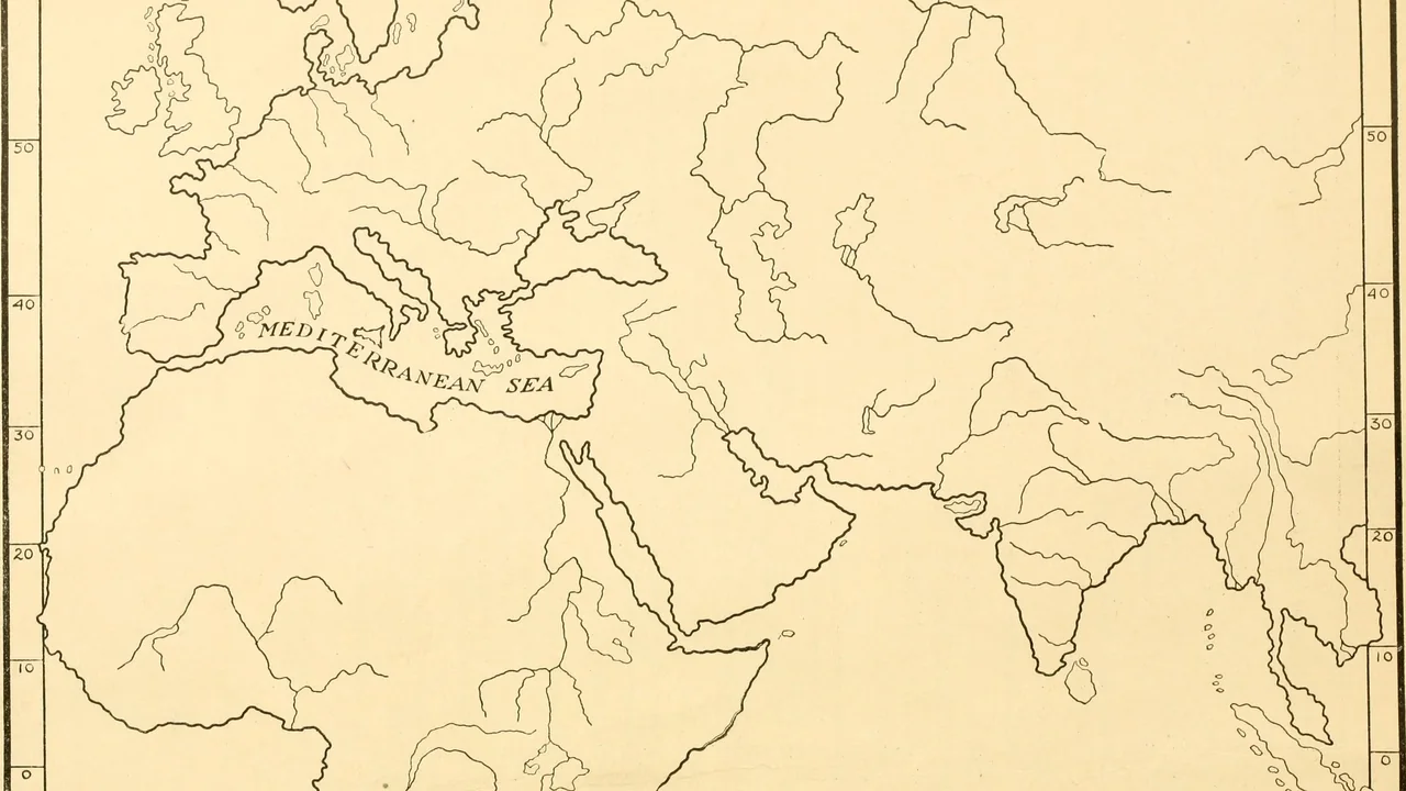 Mapa histórico de um guia de estudos com linhas de fronteira e marcações