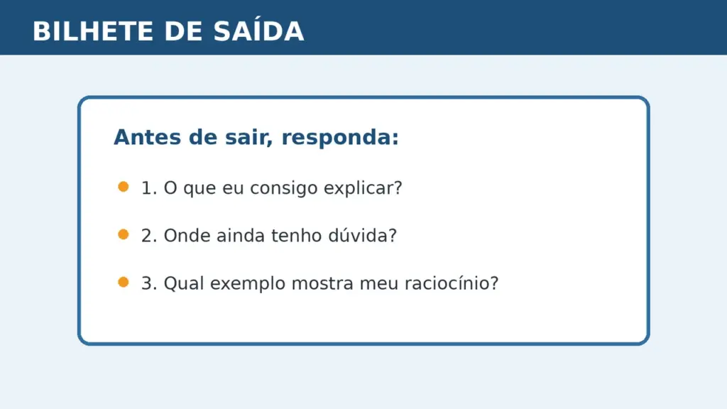 Bilhete de saída com três perguntas para verificar a compreensão dos alunos