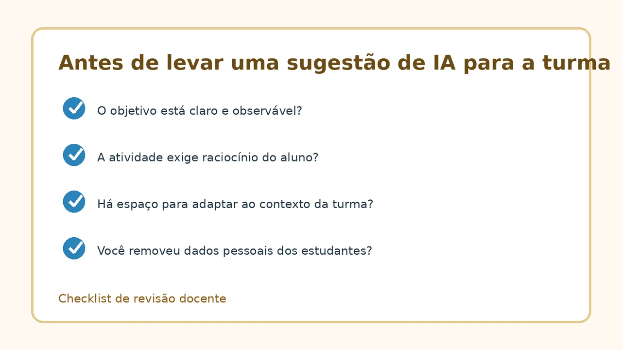 Checklist visual para revisar uma atividade criada com apoio de inteligência artificial