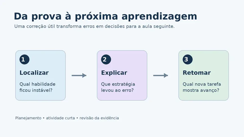Fluxo em três etapas para transformar erros de uma prova em nova aprendizagem: localizar, explicar e retomar