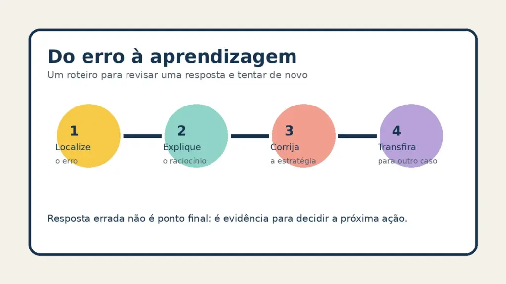 Infográfico com quatro etapas para transformar um erro em aprendizagem: localizar, explicar, corrigir e transferir para outro caso.