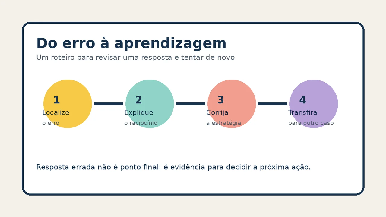 Infográfico com quatro etapas para transformar um erro em aprendizagem: localizar, explicar, corrigir e transferir para outro caso.