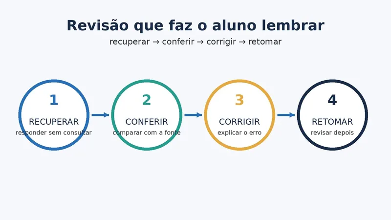 Ciclo visual de revisão ativa em quatro etapas: recuperar, conferir, corrigir e retomar.