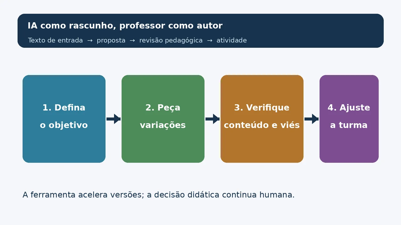 Fluxo visual para usar inteligência artificial no planejamento: definir objetivo, pedir variações, verificar conteúdo e viés e ajustar a atividade à turma
