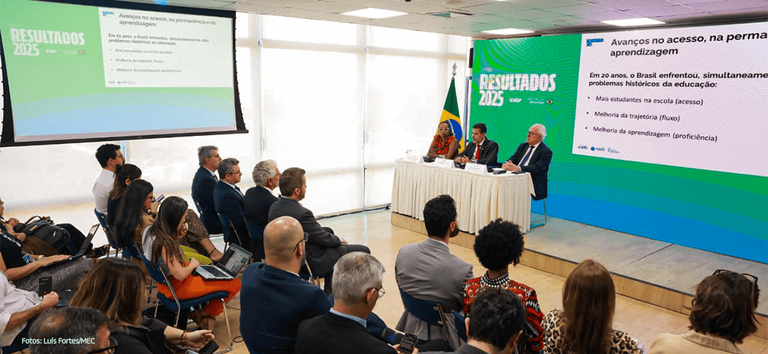 Apresentação dos resultados do Ideb 2025 em evento do MEC e do Inep, com painel sobre avanços na educação básica
