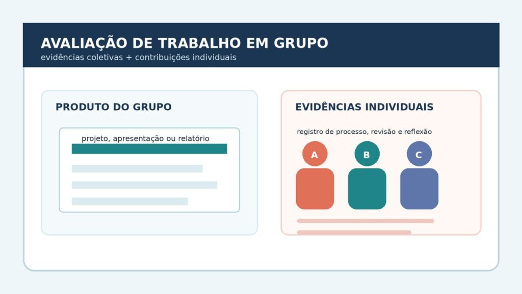 Ilustração com produto do grupo e evidências individuais na avaliação de um trabalho coletivo