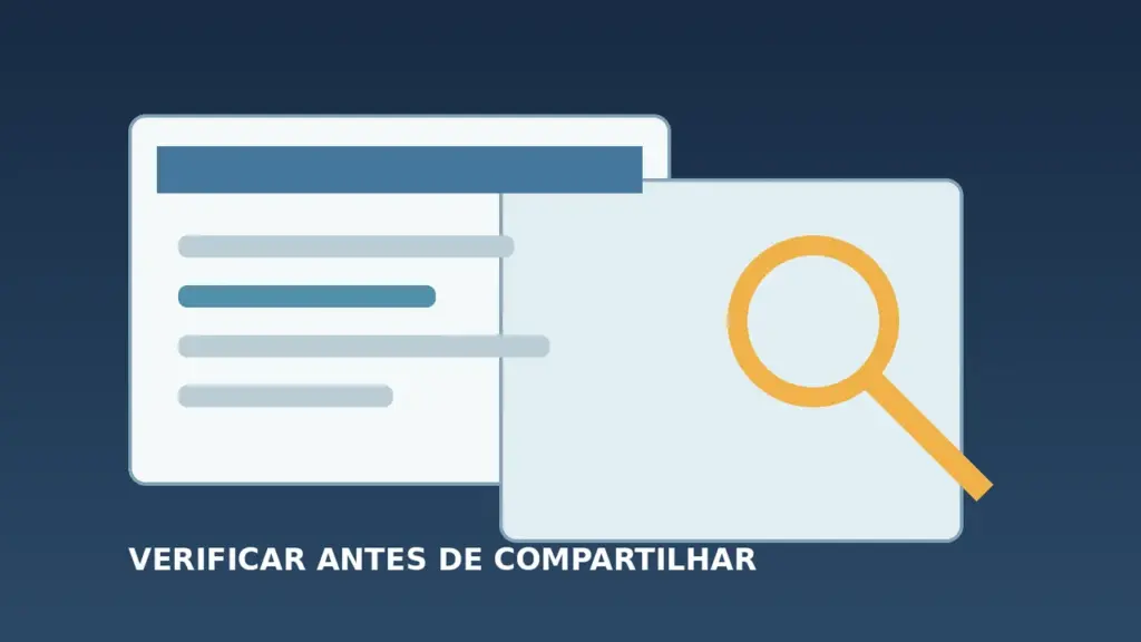 Cartões de informação e lupa representando a verificação de fontes antes de compartilhar conteúdo