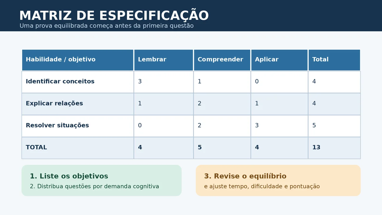 Matriz de especificação com objetivos de aprendizagem distribuídos entre lembrar, compreender e aplicar