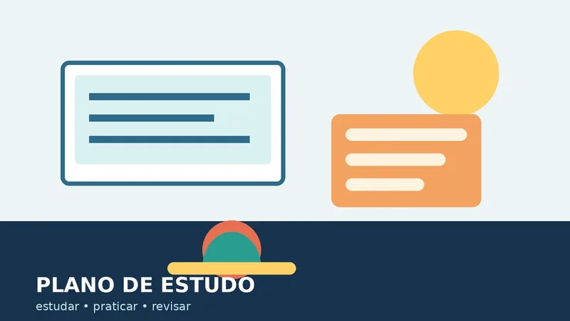 Ilustração de um plano de estudo com quadro de tarefas, fichas de revisão e estudante diante de uma mesa