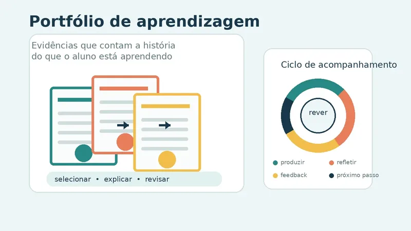 Ilustração de um portfólio de aprendizagem com produções de alunos e ciclo de acompanhamento