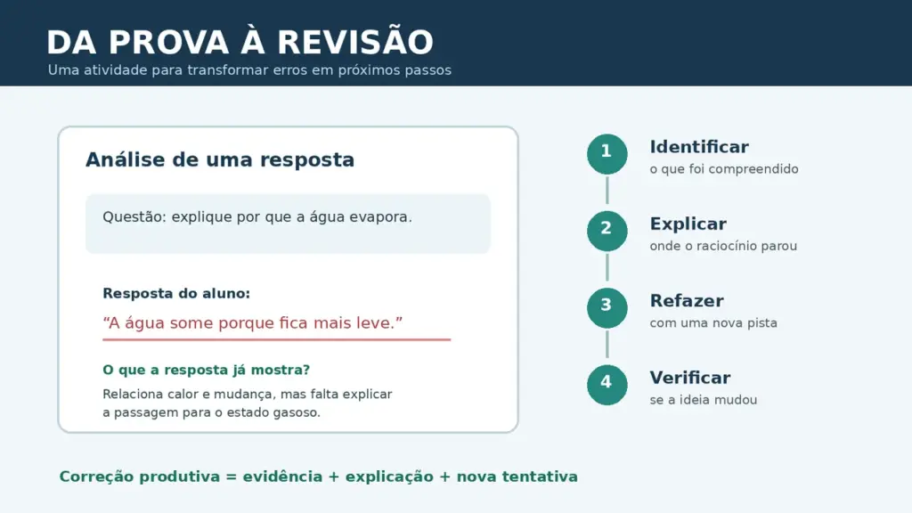 Fluxo de quatro etapas para transformar erros de uma prova em revisão: identificar, explicar, refazer e verificar