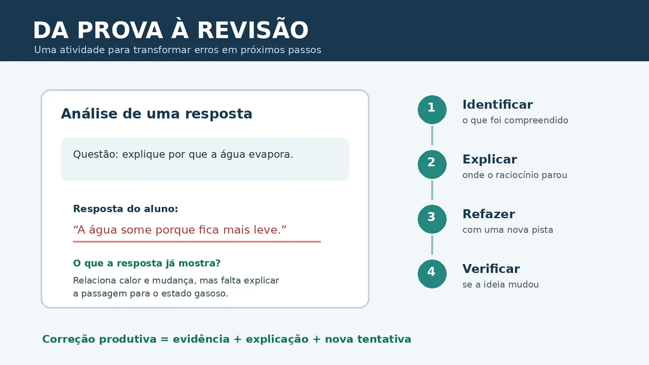 Fluxo de quatro etapas para transformar erros de uma prova em revisão: identificar, explicar, refazer e verificar