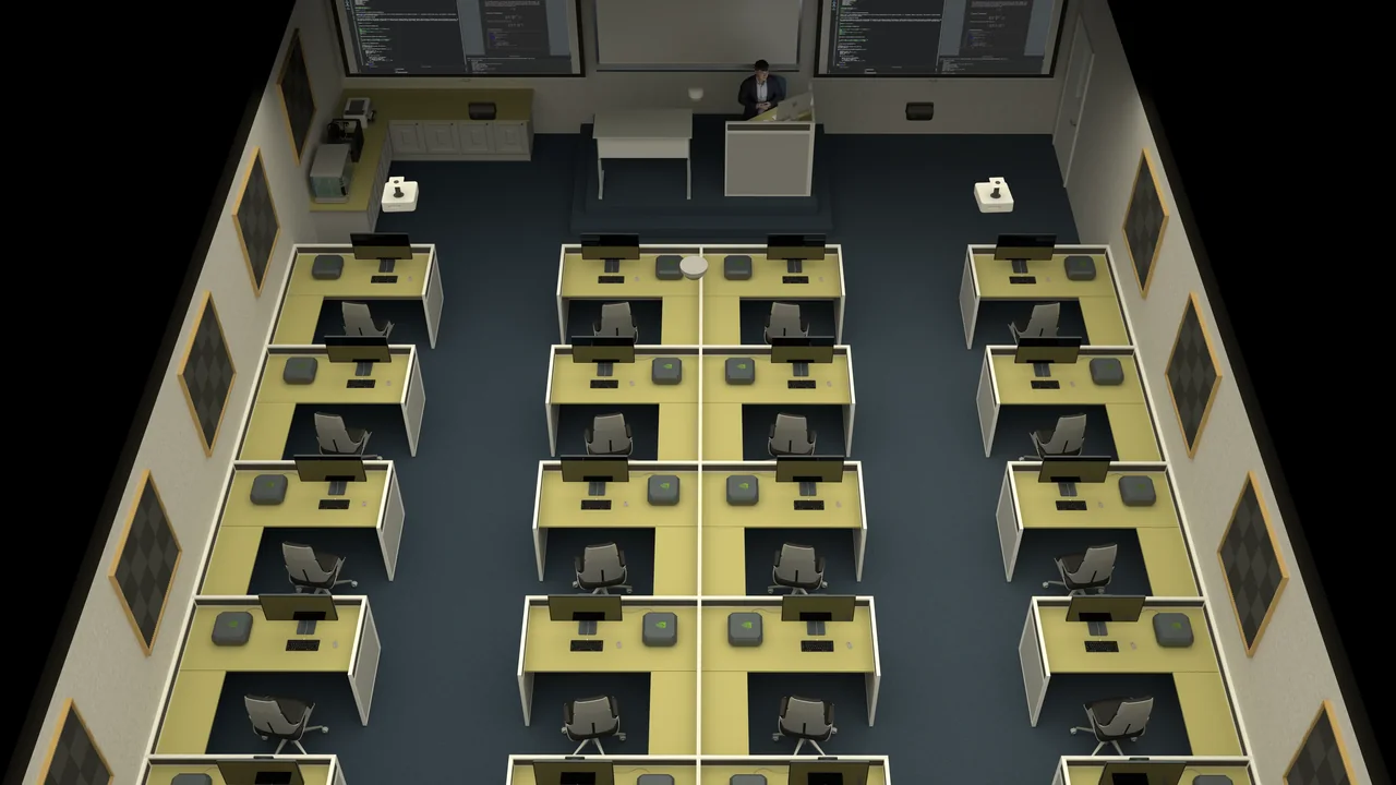 Sala de informática com computadores e professor ao fundo, representando o uso responsável de tecnologia na educação