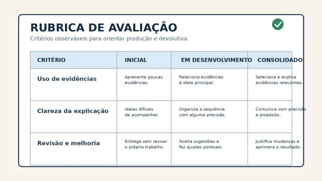Exemplo visual de uma rubrica de avaliação com critérios e níveis de desempenho