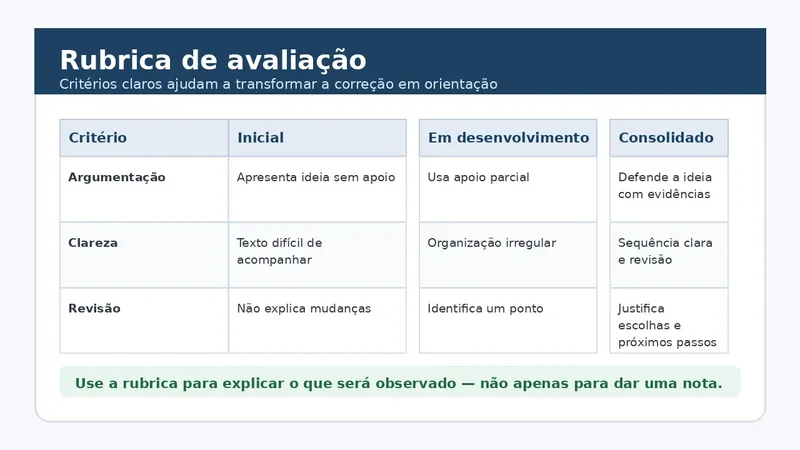 Quadro de rubrica de avaliação com critérios de argumentação, clareza e revisão