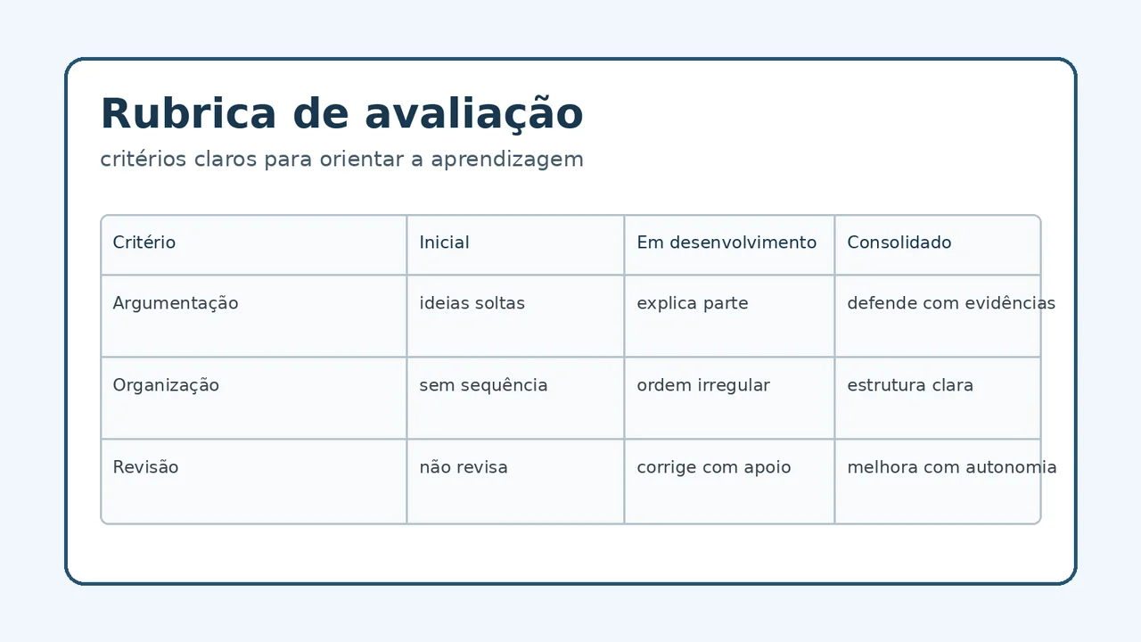 Exemplo de rubrica de avaliação com critérios de argumentação, organização e revisão em três níveis de desenvolvimento.