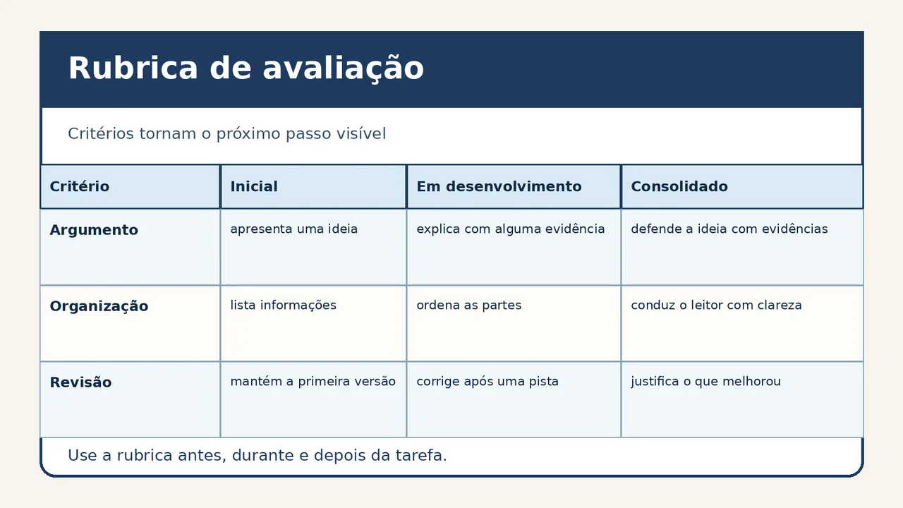 Tabela visual de rubrica de avaliação com critérios de argumento, organização e revisão em três níveis de desempenho