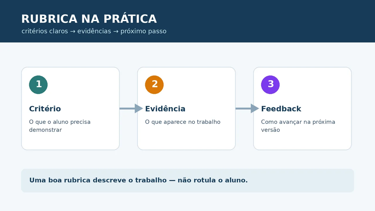 Fluxo visual de uma rubrica: critério, evidência e feedback para orientar a revisão do trabalho do aluno.