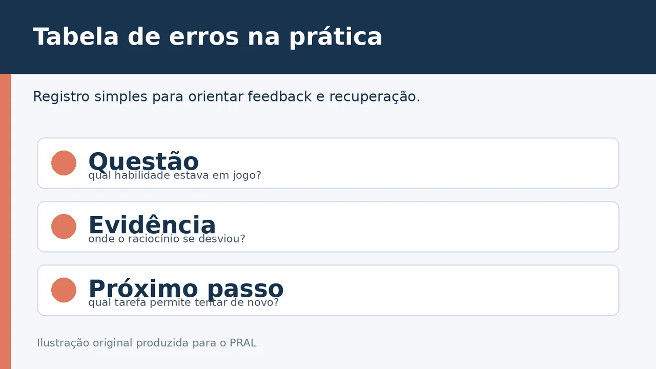 Ilustração de uma tabela de erros com questão, evidência do raciocínio e próximo passo.