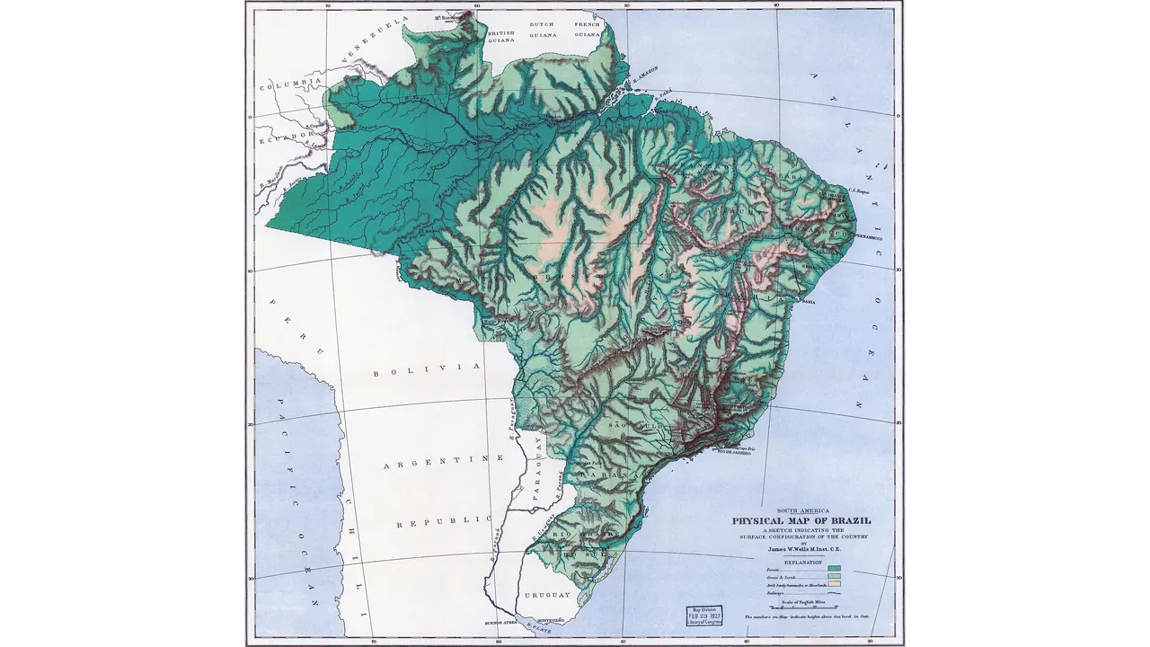 Mapa físico do Brasil com relevo, fronteiras e nomes de países vizinhos
