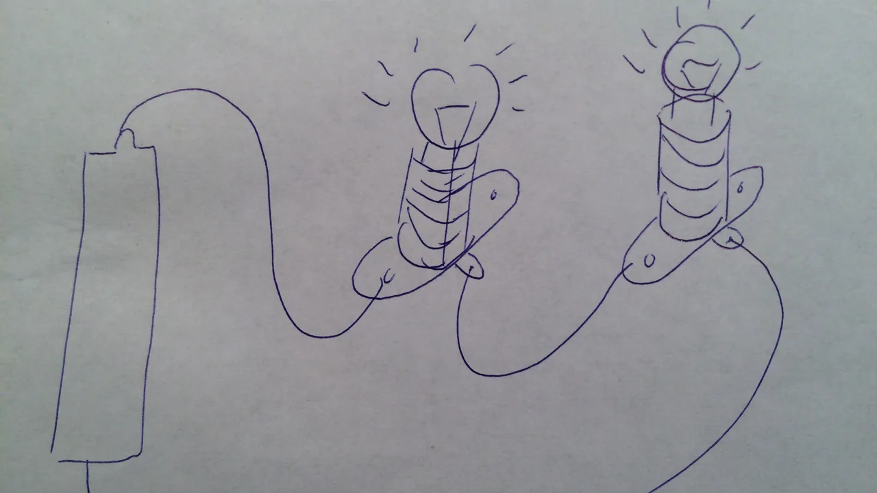 Desenho de um circuito em série com uma pilha e duas lâmpadas