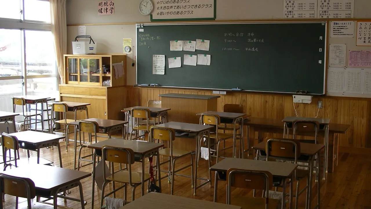 Sala de aula vazia com quadro de giz e mesas organizadas
