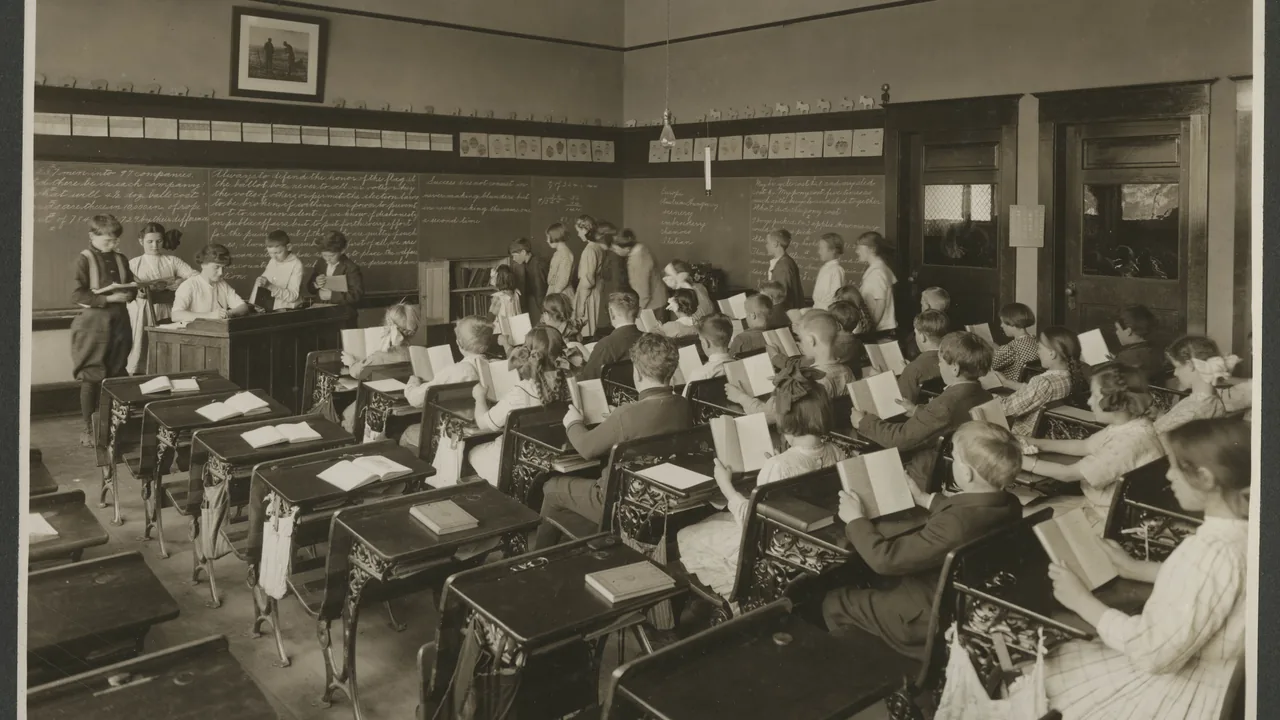 Turma histórica reunida em sala de aula com livros abertos durante uma atividade de leitura