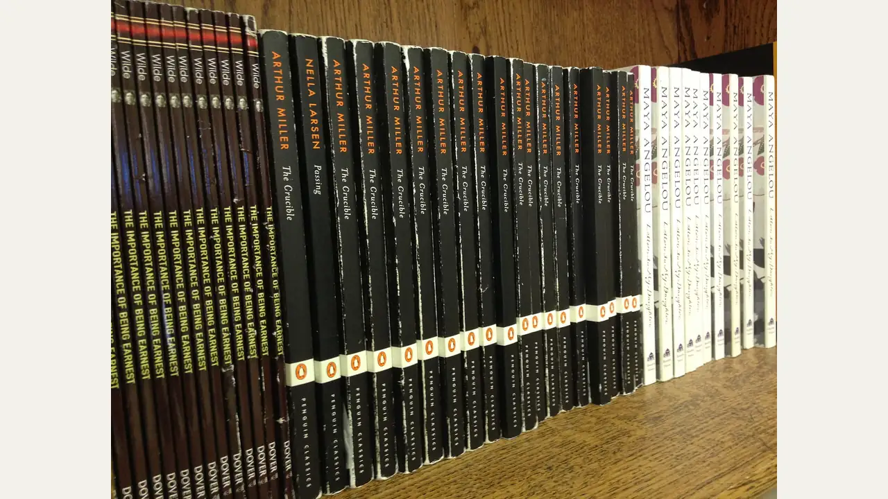 Livros organizados em uma estante de biblioteca