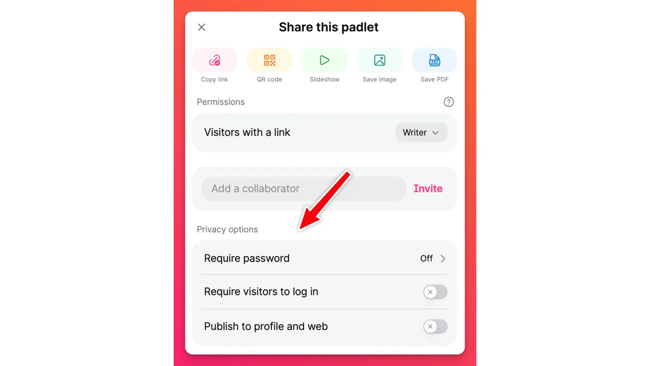 Tela real do Padlet com permissões de visitantes e opções de privacidade