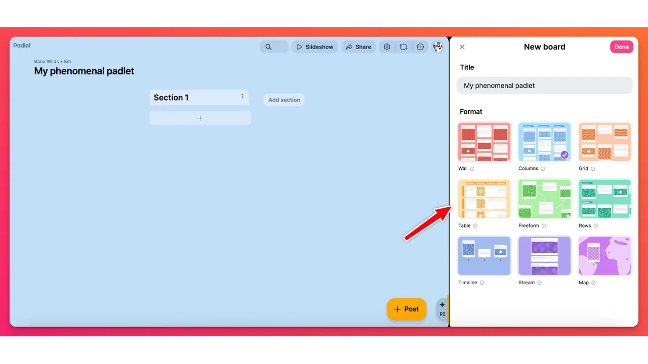 Tela real de criação de um novo quadro no Padlet mostrando formatos como Wall, Columns, Grid e Timeline