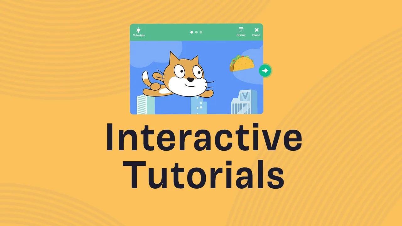 Ilustração oficial do Scratch Foundation sobre tutoriais interativos no editor do Scratch